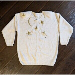 Vintage Knit Sweater Holiday Shimmer Moon Stars Embellished USA MADE